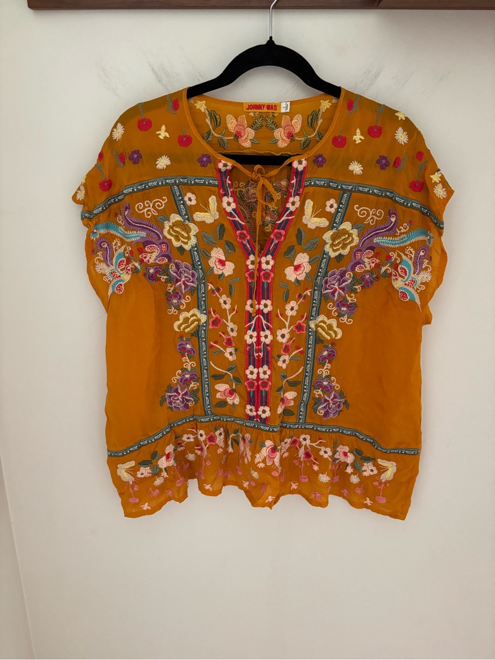 Johnny Was Mustard Yellow Embroidered Floral Peasant Top
